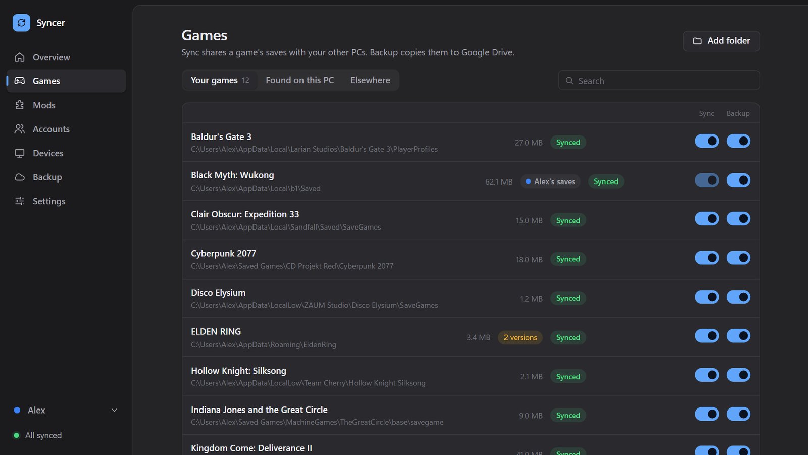 Syncer, lijst met games en hun savemappen